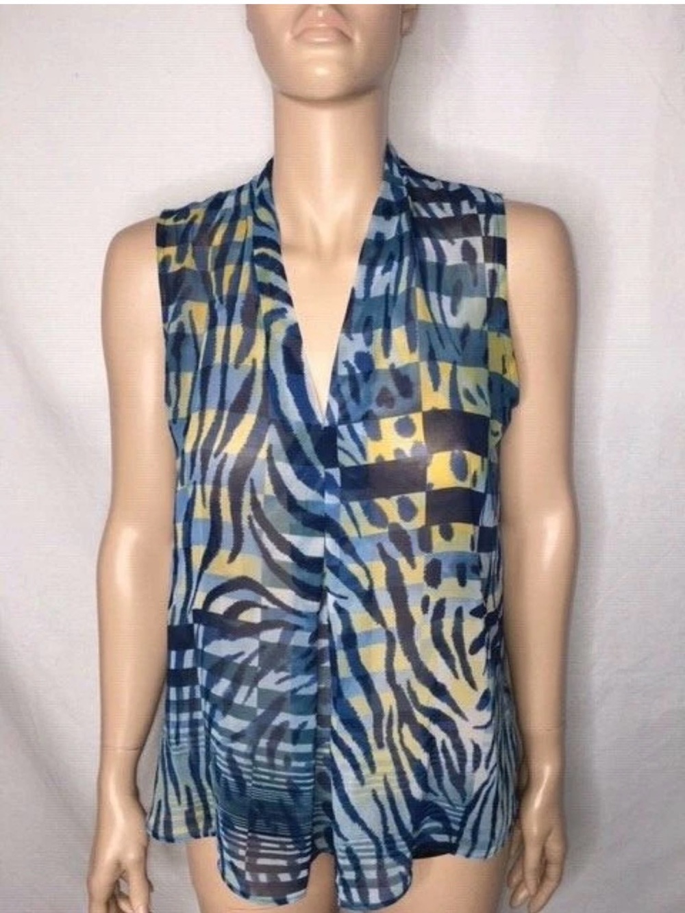 Anne Klein Sleeveless Sheer Animal Print Blue & Yellow Top 12